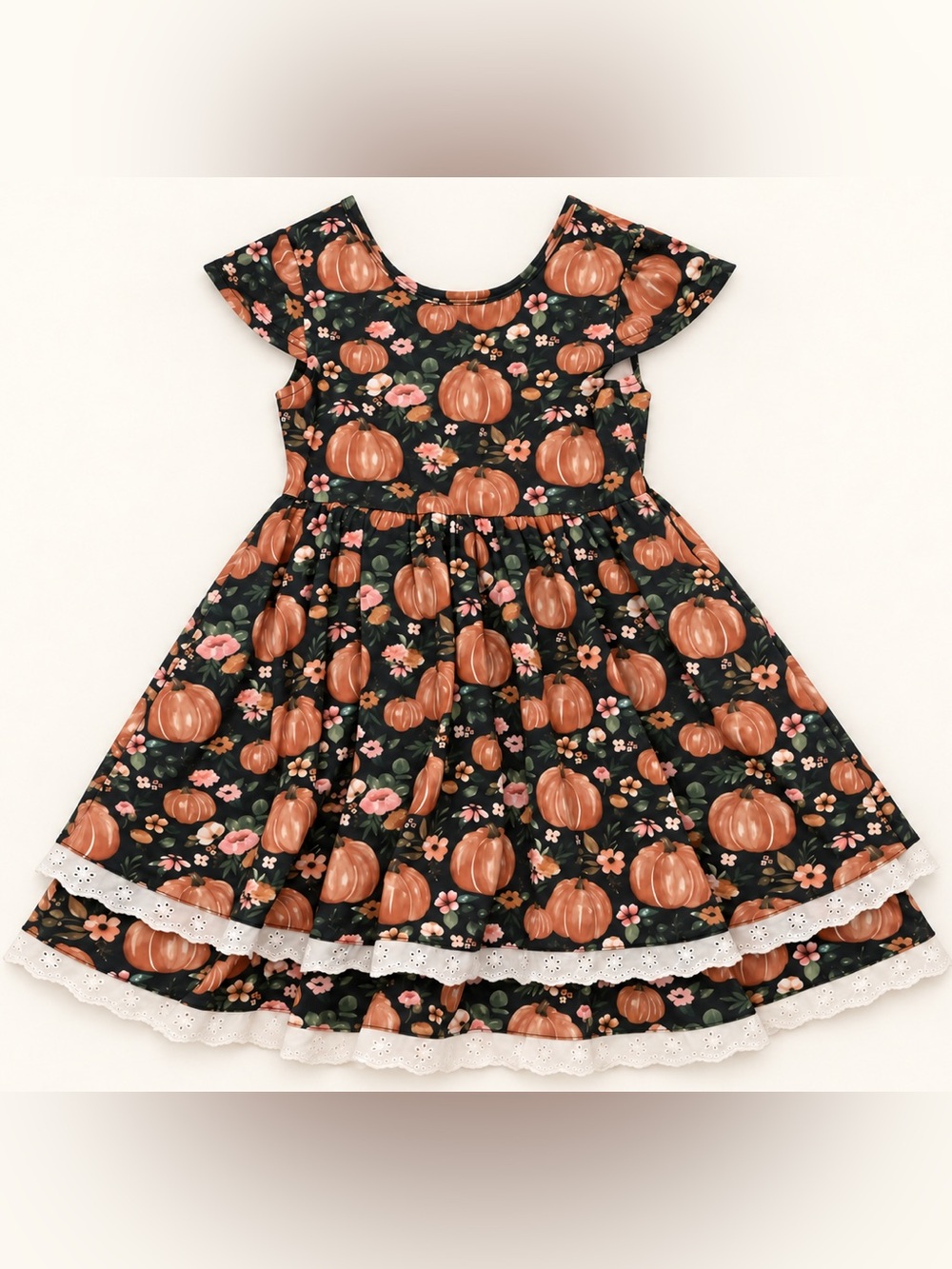 Girls  Pumpkin Print Dress with Lace Trim